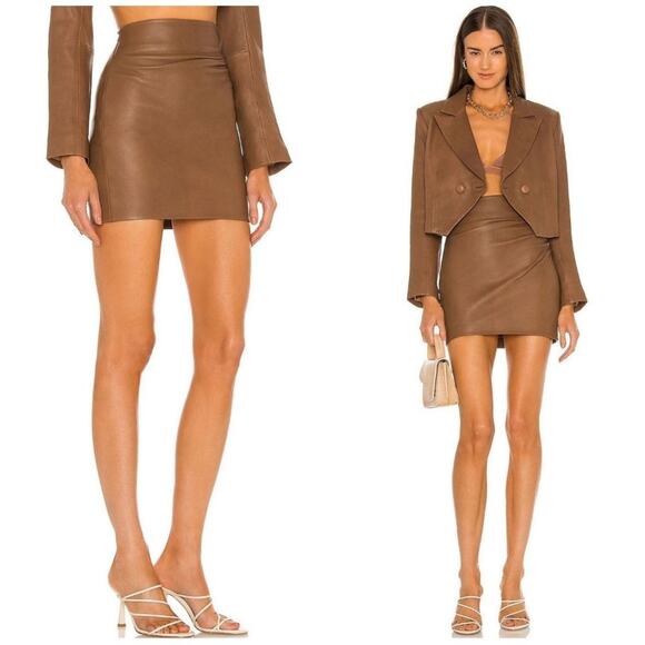 The Sei Leather Gathered Mini Skirt Chestnut - Picture 1 of 10